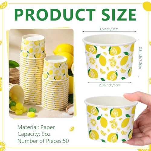 Image of Funnymoom 50 Pack Lemon Ice Cream Cups 9 oz Yellow Lemon Disposable Dessert Bowls Paper Soup Bowls Snack Cups for Hot or Cold Food for Summer Fruit Theme Baby Shower Wedding Birthday Party Supplies