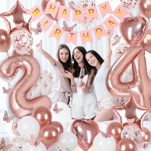 Image of Rose Gold 24th Birthday Decorations for Women, 24 Year Old Sign with Happy Birthday Banner, 40In Number 24 Foil Birthday Balloons, Butterfly Decorations, Heart and Star Balloons