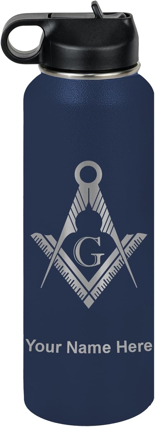 LaserGram Personalized Water Bottle, Freemason Symbol, Stainless Steel Double Wall Vacuum Insulated with Flip Top Straw, Custom Engraved Gift (40oz / 1180ml Navy Blue)