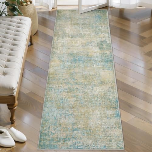 Alfombra pasillo abstracta verde azulado y dorado para una entrada y cocina con estilo 2