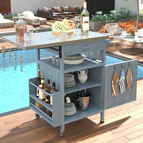 Image of Merax 40.5 inch Outdoor Grill Cart with Stainless Steel Top, Outdoor Storage Cabinet with Drop Leaf, One Drawer, Towel Rack, Rolling Kitchen Cart with Lockable Wheels for Lawn Garden, Blue Grey