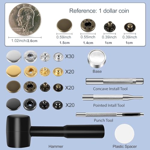 image for Alritz 15mm Leather Snap Button Kits with Hammer Punch Spacer, 90 Sets