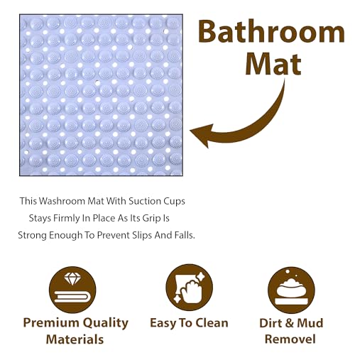 Image of Kuber Industries 2 Pcs PVC Comfy Square Bubble Shower Mat with Suction Cups and Drain Hole | PVC Small Non-Slip Bath Mat for Wash Room & Bath Tub | Sky Blue