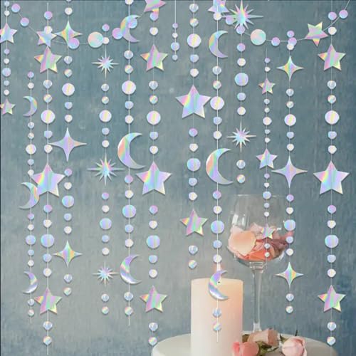 image for KTBANBANNEY 4 Pack Multi Iridescent Party Garland Star&Moon Holographi