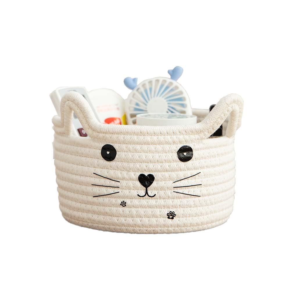 Kamuavni Cat Basket Storage Woven Basket Organizer with Ears Decorative Cute Pet Toy Basket Cotton Rope Basket for Gifts Cartoon Baby Nursery Basket 8.3 x 4.7 inches,White