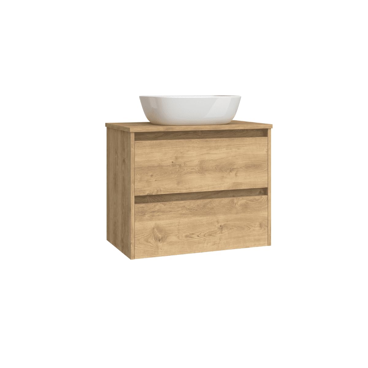 Mueble de Baño Suspendido Fondo Reducido con Lavabo Sobreponer Cerámico para Aseos | Mueble Volado 2 Cajones | 70 cm Roble Natural