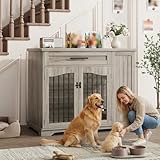 44 Inch Heavy Duty Wooden Dog Crate Furniture with Drawer & Side Storage - Indoor Dog Kennel Furniture with Double Doors for Medium, Large Dogs - Dogs Cage with Built-in Feeding Station