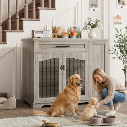 44 Inch Heavy Duty Wooden Dog Crate Furniture with Drawer & Side Storage - Indoor Dog Kennel Furniture with Double Doors for Medium, Large Dogs - Dogs
