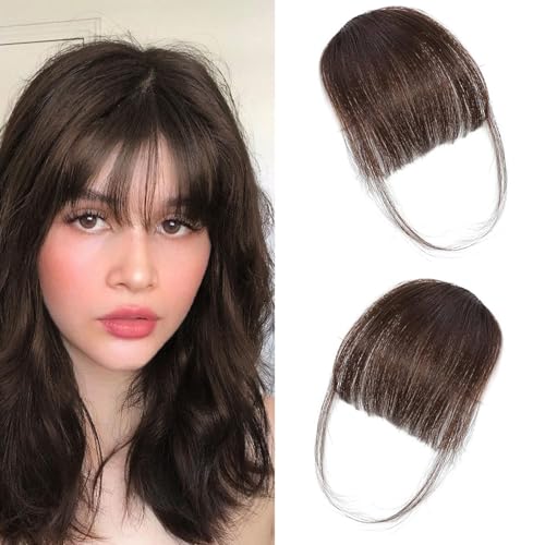 Clip-in Hair Bangs |Invisible Clips|Airy French Wispy Bangs with Temple Coverage|Curved Thin Hair for Women|Easy to Style&Blend|Daily Wear Party Wedding (Brown1, Wispy bang)