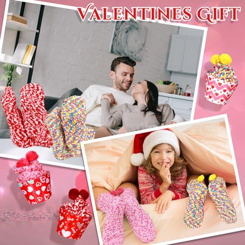 Image of 6 Pairs Valentine's Day Cupcake Socks Fuzzy Sock with Cupcake Card DIY Gift Slipper Stockings for Winter Women Men