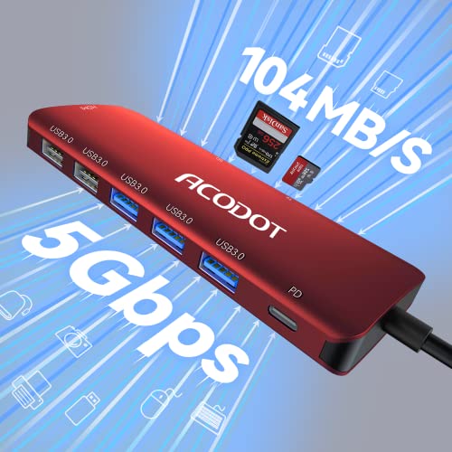 Image of USB C Hub, 9-in-1 Multi-Port USB Adapter, 4K@60Hz HDMI, 100W Max PD, 3 USB3.0(5Gbps) + 2 USB2.0 Data Ports, SD /TF Card Reader for MacBook, iPad Pro, Dell, HP, Lenovo, Windows Laptop, Red
