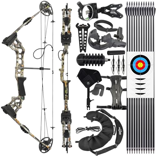 PYMUST Tiro con l'Arco 20-70lbs Arco Composto Regolabile Freccia Set IBO 320 FPS Let-off 80% Tiro All'aperto Caccia Puleggia Arco con Accessori (mimetico)