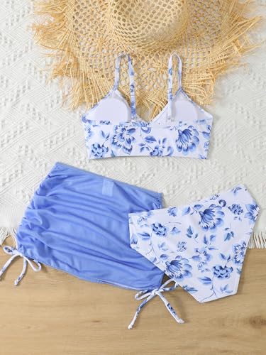Image of Girl's 3 Piece Sets Floral Print Bikini Swimsuit High Waisted Bathing Suits with Beach Skirt Coverups
