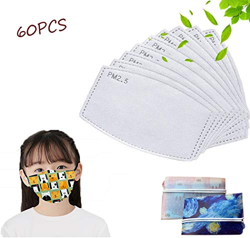 60 filtros de carbón activado PM 2.5 para niños, papel protector reemplazable con 5 capas