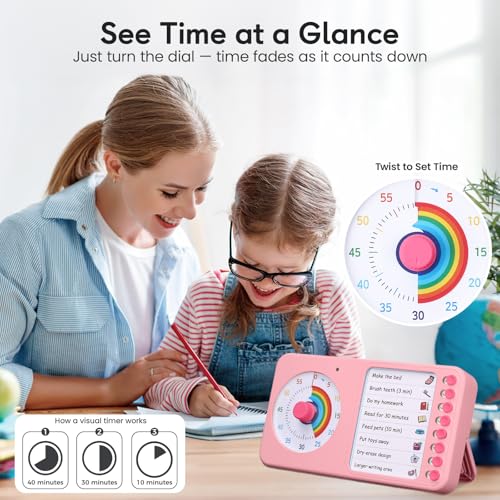 Image of 2-in-1 Visual Timer with Task Board for ADHD & Autism, Dry Erase Chore Chart and Visual Schedule for Kids & Adults, Rainbow Countdown Timer for Classroom, Home, Homeschool (Pink)