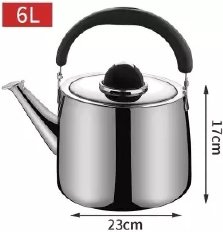コンロ用笛付きティーケトル、あらゆる熱源に対応するハンドル付きステンレススチール製厚手ティーポット(6L)