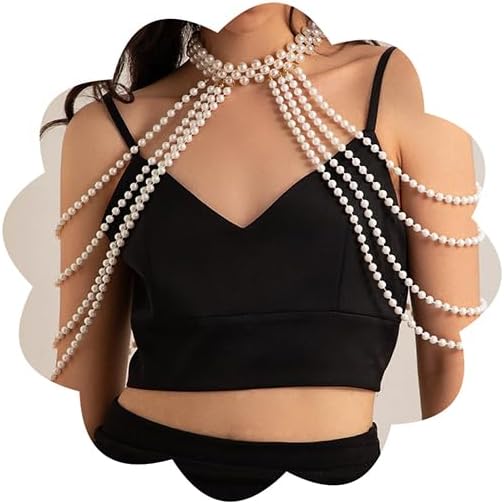 Xerling Faux Pearl Shoulder Harness Body Chain Fringe Tassels Layered Arm Chain Bra Chain Necklace Body Jewelry for Women Bikini