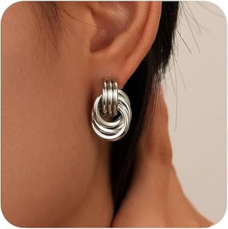 shinelabKnot Link Circle Silver Stud Earrings for Women Geometric Drop Dangle Earrings Studs Trendy Jewelry