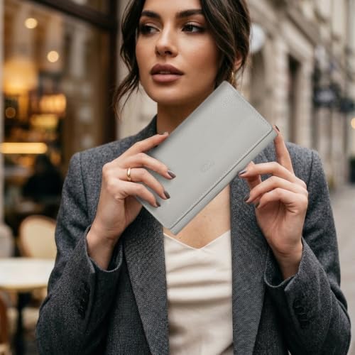 Image of Women's Top Grain Leather Wallet, RFID Blocking Bifold clutch, 17 Card Slots, Zip Pocket Organizer, Elegant Gift for Women - Birthday, Valentine, Anniversary - ICE GREY