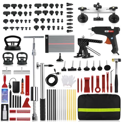 HUGBEO 128 PCS Dent Removal Kit,Paint-Safe Dent Removal Tools, DIY Dent Puller Set with Black Lifter, T-Bar, Bridge Suction Cup Puller, Rubber Hammer & Glue Gun for Car Dent Removal