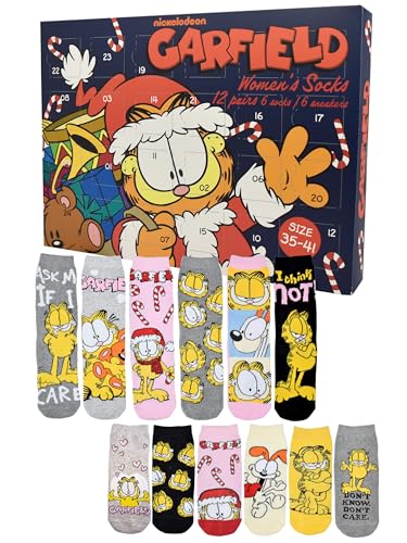 United Labels Calendario de Adviento Garfield con 12 pares de calcetines para mujer, tamaño 35-41, calendario con zapatillas y calcetines largos, calendario de Navidad regalo