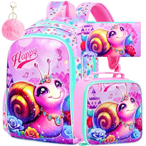 Image of 16 inch Backpack for Girls, 16 inch Kids Bookbag with Lunch Box，Snail School Backpacks for Elementary Preschool Kindergarten (Pink)