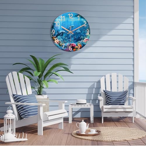 Image of XFM Blue Ocean Wall Clock 12 Inch Beach Themed Dolphin | Battery Operated Tropical Nautical Modern Glass Decorative for Living Room Bedroom Kitchen Office Silent Non Ticking