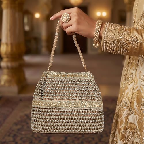 Image of Nevis Silk Fabric Premium Pearl & Crystal Embroidered Potli Bag for Women | Ethnic Bridal Clutch with Golden Handle | Party & Wedding | Potli Bag