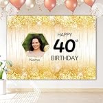 Personalized Gold Birthday Backdrop with Photo & Name, Custom 40th 50th 60th 70th 80th Banner for Women, Elegant White & Gold Party Decorations - Image 3