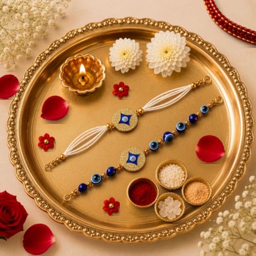 Image of EITHEO Designer Evil Eye Bhaiya Bhabhi Rakhi Set with Blue Evil Eye Charm, Lumba Rakhi, Adjustable Handmade Bracelet with Roli Chawal, Chandan & Mishri (Couple Set of 1)