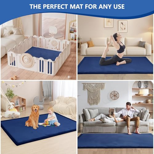 Image of Baby Play Mat for Floor,1.3 inch Thick Elasti-Foam 74x50 Playpen Mat for Toddlers Infant kids,Water-Repellent Soft Coral Velvet for Tummy Time, Non-Slip Backing for Crawling,Tatami Style(Dark Blue)