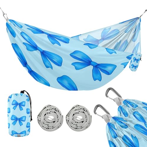 ATTX Blue Bows Camping Hammock - Lightweight & Portable Hammocks, Heavy Duty 330lbs Capacity for Indoor, Hiking, Backpacking, Travel, Backyard, Beach#147
