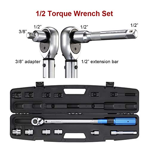 BULLTOOLS 1/2-inch Drive Click Torque Wrench Set Dual-Direction Adjustable 90-tooth Torque Wrench with Buckle(10-160ft.lb / 10-220Nm)