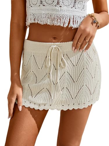 Image of Milumia Women Crochet Beach Mini Skirt Swim Bikini Knit Cover Up Skirt | Tie Front, Drawstring, Hollow Out, Bathing Suit, Summer, Beachwear Swimsuit Coverup, Vacation Outfits