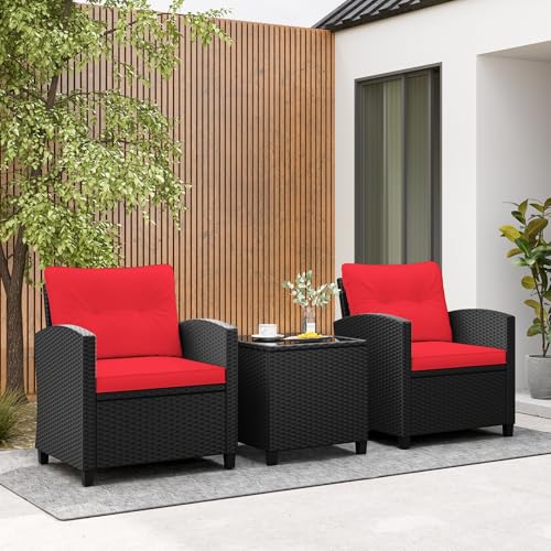 Image of Tangkula 3 Pieces Patio Furniture Set, Rattan Conversation Set w /Soft Seat & Back Cushions, Tempered Glass Topped Coffee Table, Cushioned Wicker Seating for Backyard, Porch, Poolside (Red)