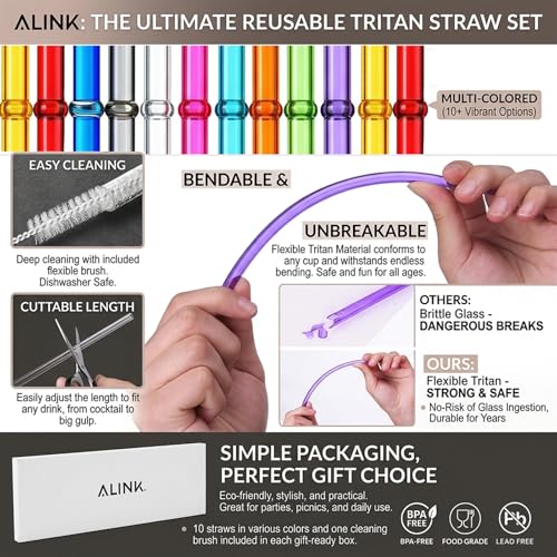ALINK 10.5" Plastic Reusable Straws, 10 Pack Colorful Tritan Tumbler Straws by ALINK - Used condition - Image 5
