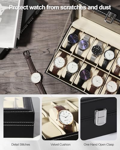 Image of Uten Watch Box, 10 Slots Watch Case, Watch Box Organizer Jewelry Storage with Large Glass Lid, Watch Display Case, Watch Box for Men & Women | Black Watch Cases for Men and Women, removable Pillow, Velvety Inner Lining, Gifs for Graduation, Thanksgiving, Birthday