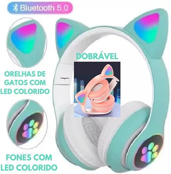 Fone Orelhas GATO Sem Fio COM LED MUDA DE COR Bluetooth Música Infantil COLORIDO ORELHINHA GATINHO (ROSA)