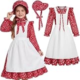 Picture of Rayekrot Pioneer Costume for Girls Kids Colonial Costume Floral Prairie Dress Up for Pioneer Party Halloween Costume (Red, 5-6 Years)