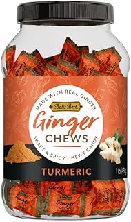 Bali's Best Ginger Chews, Soothing Turmeric Flavor, 1 Pound Jar, Individually Wrapped Soft Candy, Made with 100% Real Ginger, Digestive Health Support, Upset Stomach Relief, Halal