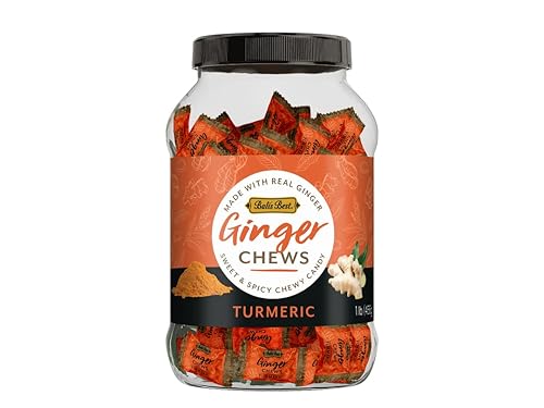 Bali's Best Ginger Chews - Sabor calmante de cúrcuma (tarro de 1 libra) 100% jengibre real y sabores naturales, dulces de jengibre masticables y