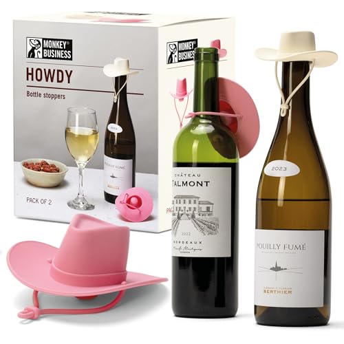 Image of Monkey Business Howdy - 2-Pack Cowboy Hat Wine Stoppers - Fun Silicone Bottle Stoppers Keep Wine Fresh - Novelty Kitchen Gadgets & Cute Wine Accessories (Pink & White)