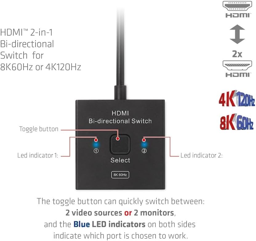Club3D CSV-1384 HDMI™ 2-in-1 Bi-Directional Switch for 8K60Hz or 4K120Hz