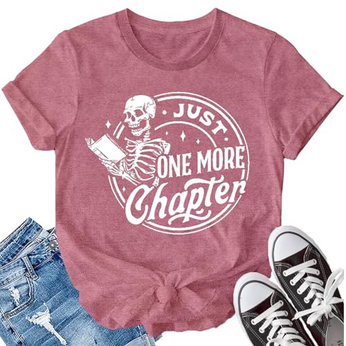 LBP Womens Skeleton Reading Shirts Book Lovers Funny Reading T-Shirt Just One More Chapter Tee Tops Pink