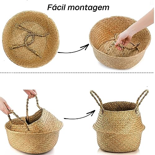 Cesto de Palha Natural Vaso Cachepot para Planta Decorativo Organizador Seagrass Vime Rústico Feito