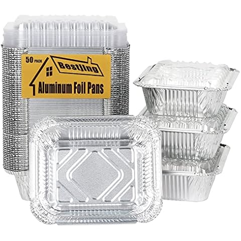 50 Pack Aluminum Pans 1Lb 5.9"×4.7"×1.97"Disposable Takeout Foil Pans with Clear Plastic Lids for Cooking,Baking,Meal Prep,Freezer Cover
