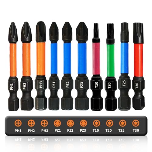 Magnetic Screwdriver Bits Set, 10PCS Screwdriver Bits Set for Impact Drill PH1 PH2 PH3 PZ1 PZ2 PZ3 T10 T20 T25 T30, 1/4 Inch Hex Shank 50mm Screwdriver Bits Compatible with Star, Pozidriv, Torx Head