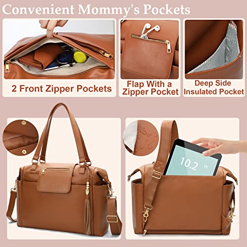 Omanmoli Diaper Bag Tote Leather Diaper Bag Backpack Large Tote Diaper Bag For Baby Girls & Boys 14 Diaper Bag Organizing Pouches,Changing Pad,Crossbody Straps,4 Insulated Pockets,Brown #TOP3