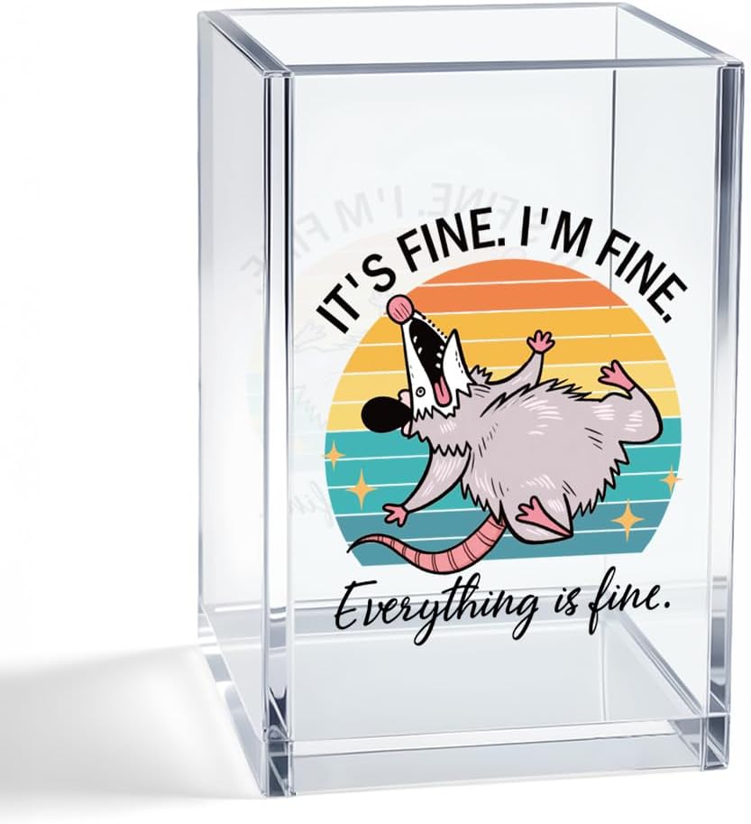 It's Fine I'm Fine Everything Is Fine Acrylic Cosmetic Pencil Pen Holder Cup, Funny Possum Theme Office Gifts for Coworker Boss Leader, Mental Health Gifts for Stressed Daughter Niece Student