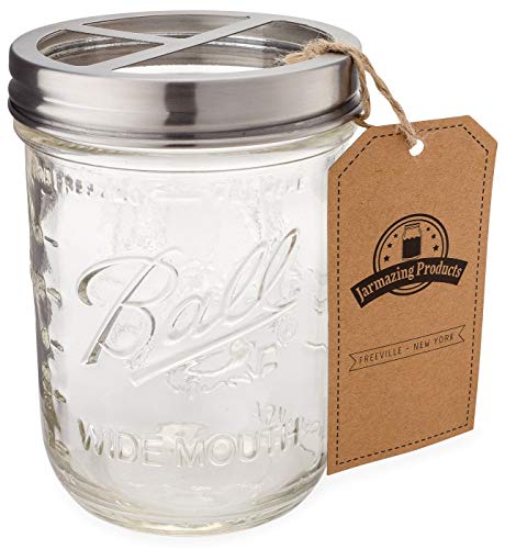 Jarmazing Products Mason Jar Toothbrush Holder - With 16 Ounce Ball Mason Jar – Made From Rust-Proof Stainless Steel #TOP2